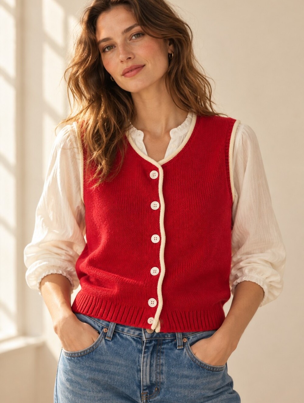 Alex Mill Red Cotton Button Front Sweater Vest Cream Trim Size M